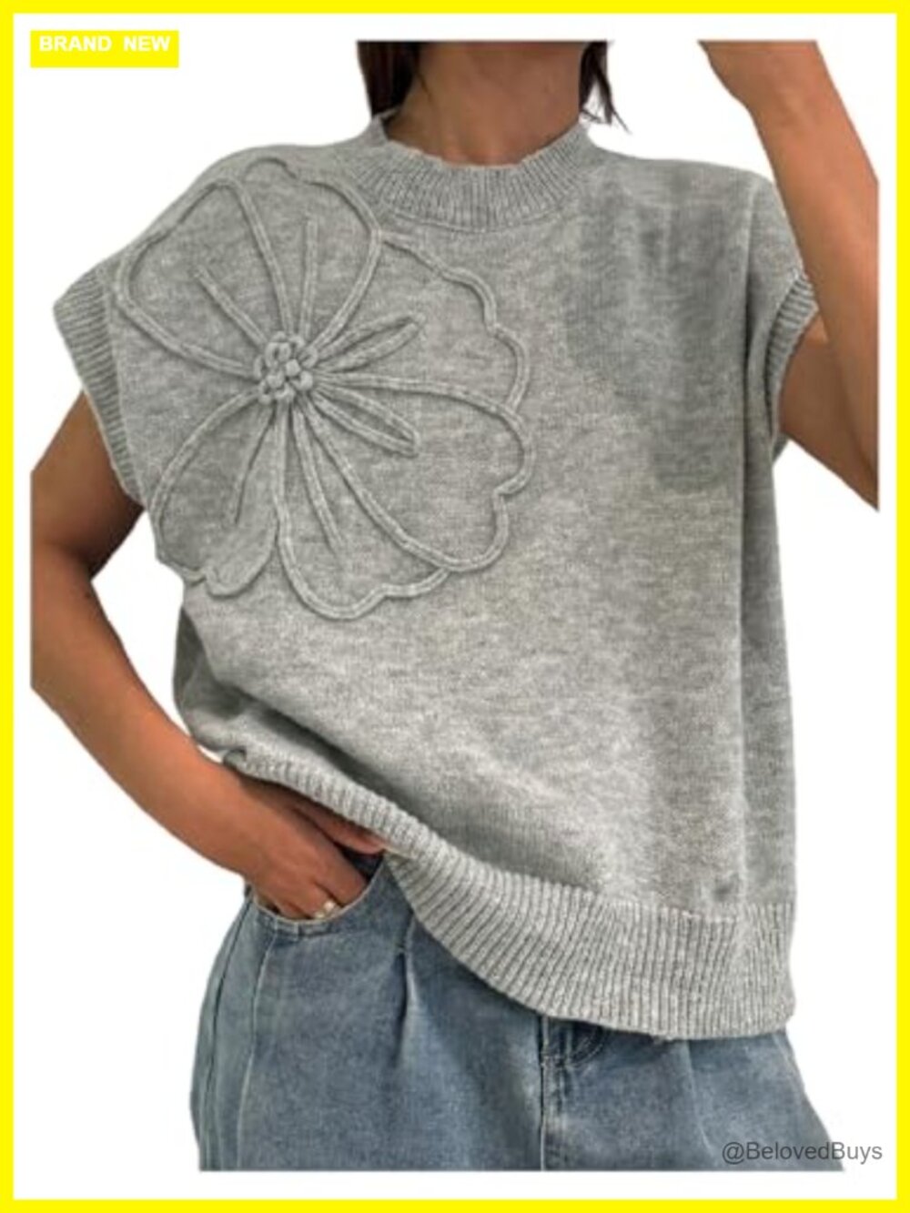 Women's Plus Size 3D Floral Short Sleeve Knit Sweater Pullover Top